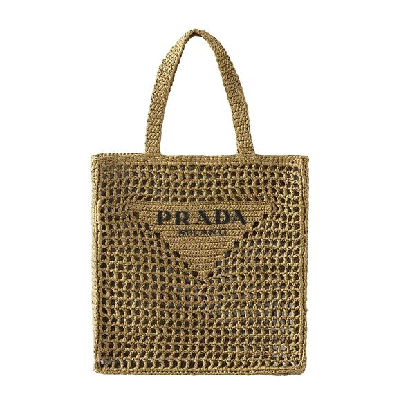 Prada Raffia Embroidered Lettering Logo Large Crochet Tote Handbag Green Olive - Picture 1 of 3